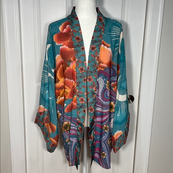 Teal Stargazer Kimono Short Robe Lightweight Cover Up Festival Beach Layer Boho - Picture 3 of 16